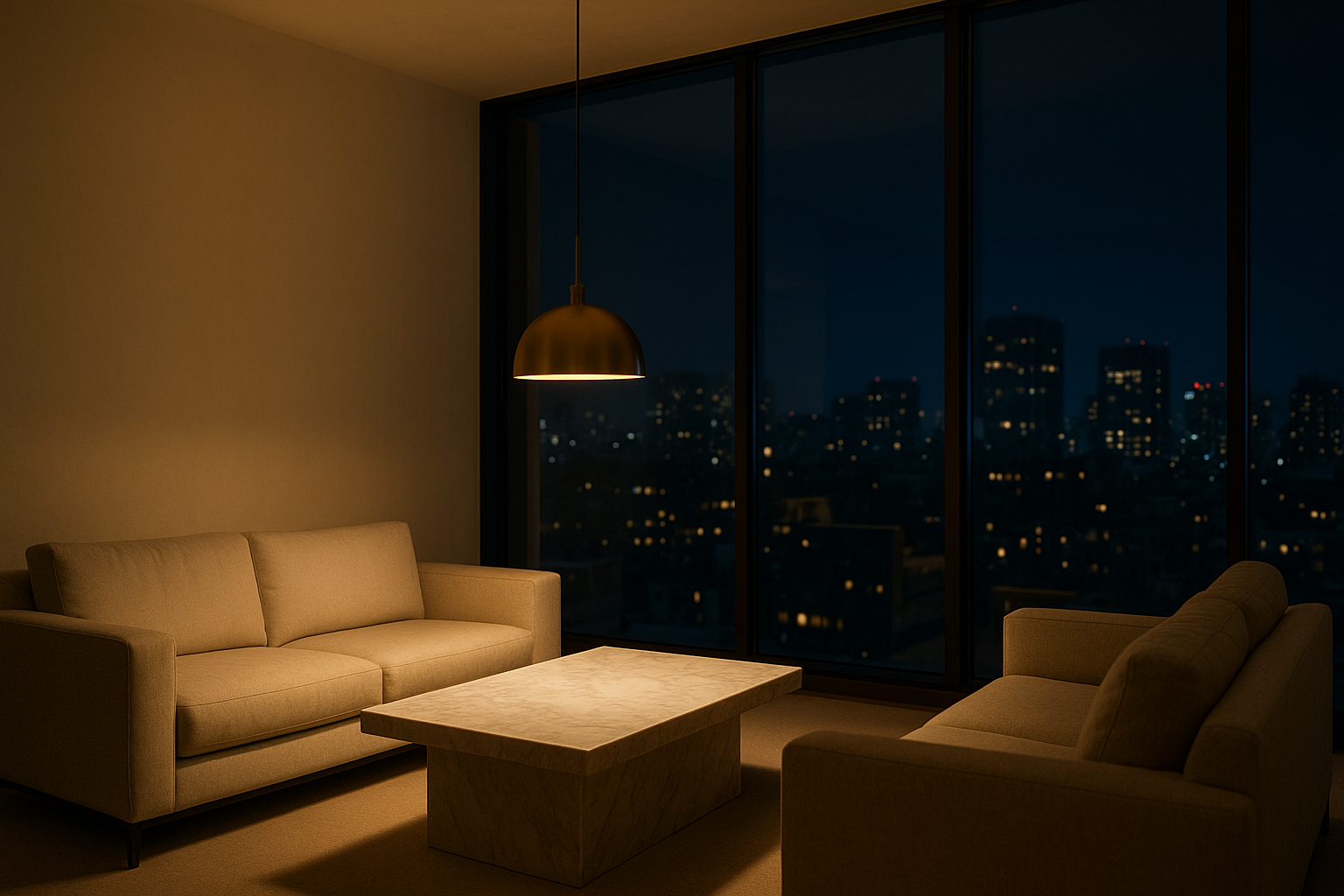 Minimalistyczny salon hotelowy z luksusową złotą lampą wiszącą