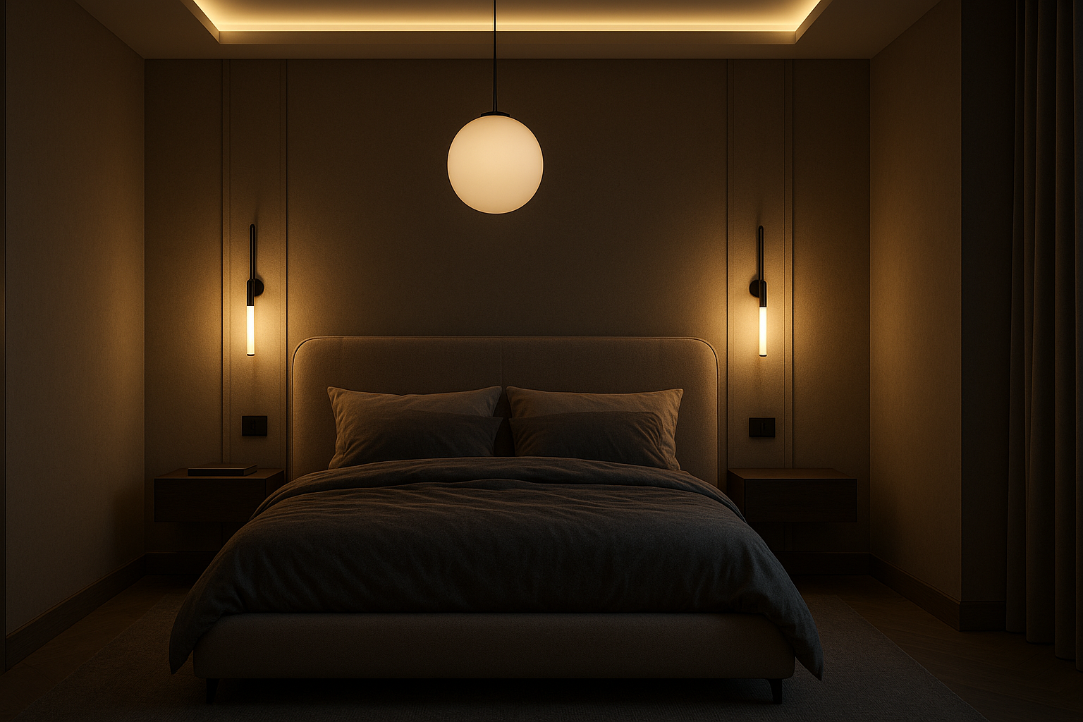 Luksusowa sypialnia z warstwowym oświetleniem: kinkiety, lampa wisząca i miękkie światło LED