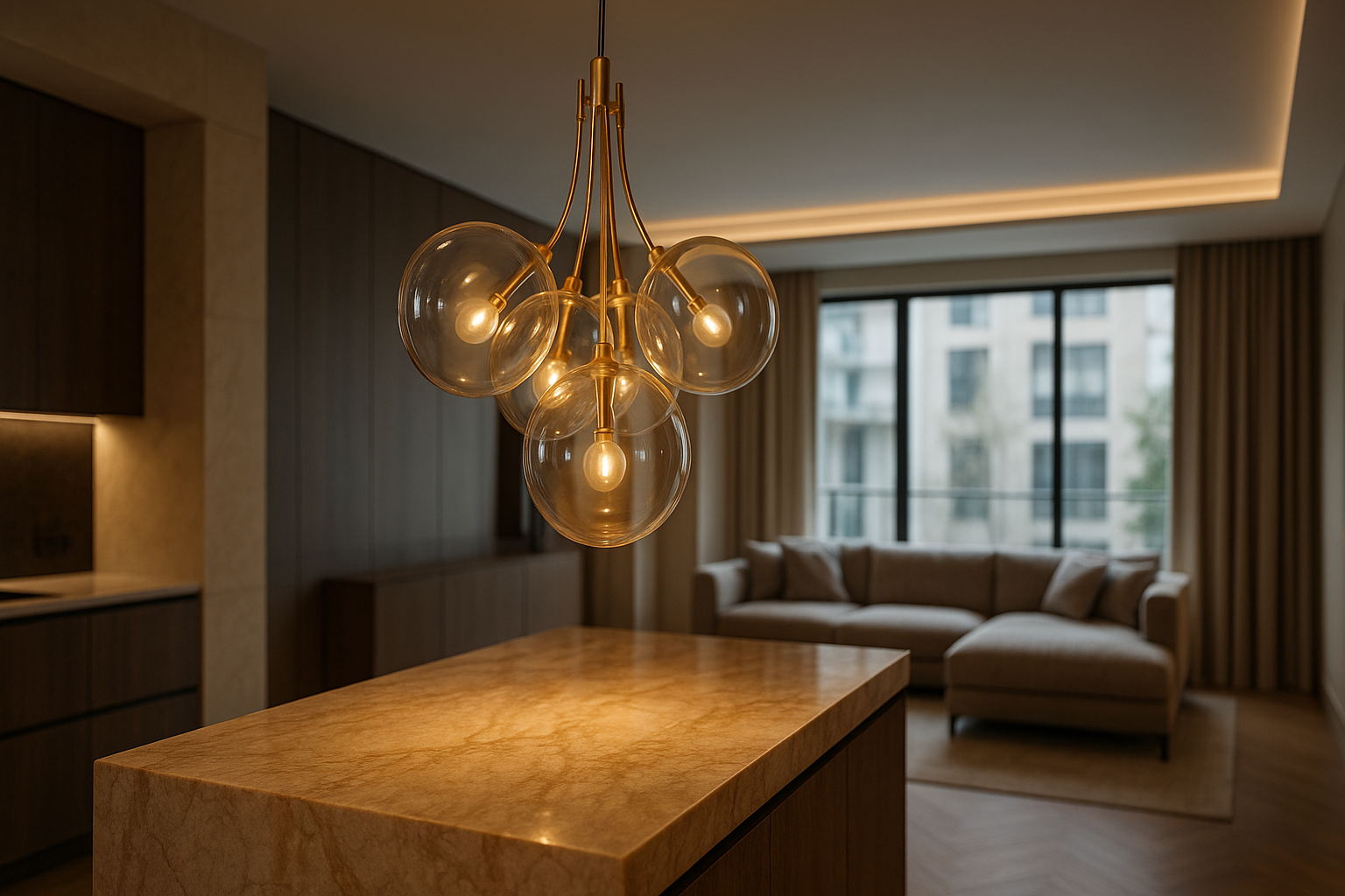 Luksusowe oświetlenie w apartamencie – designerska lampa wisząca nad marmurową wyspą kuchenną