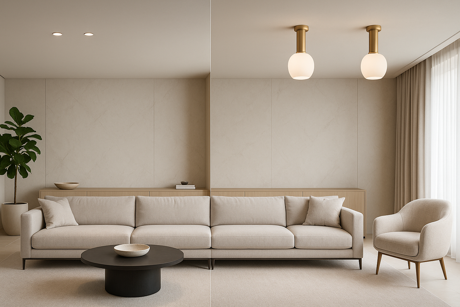 Porównanie oświetlenia wpuszczanego i natynkowego w nowoczesnym wnętrzu salonu