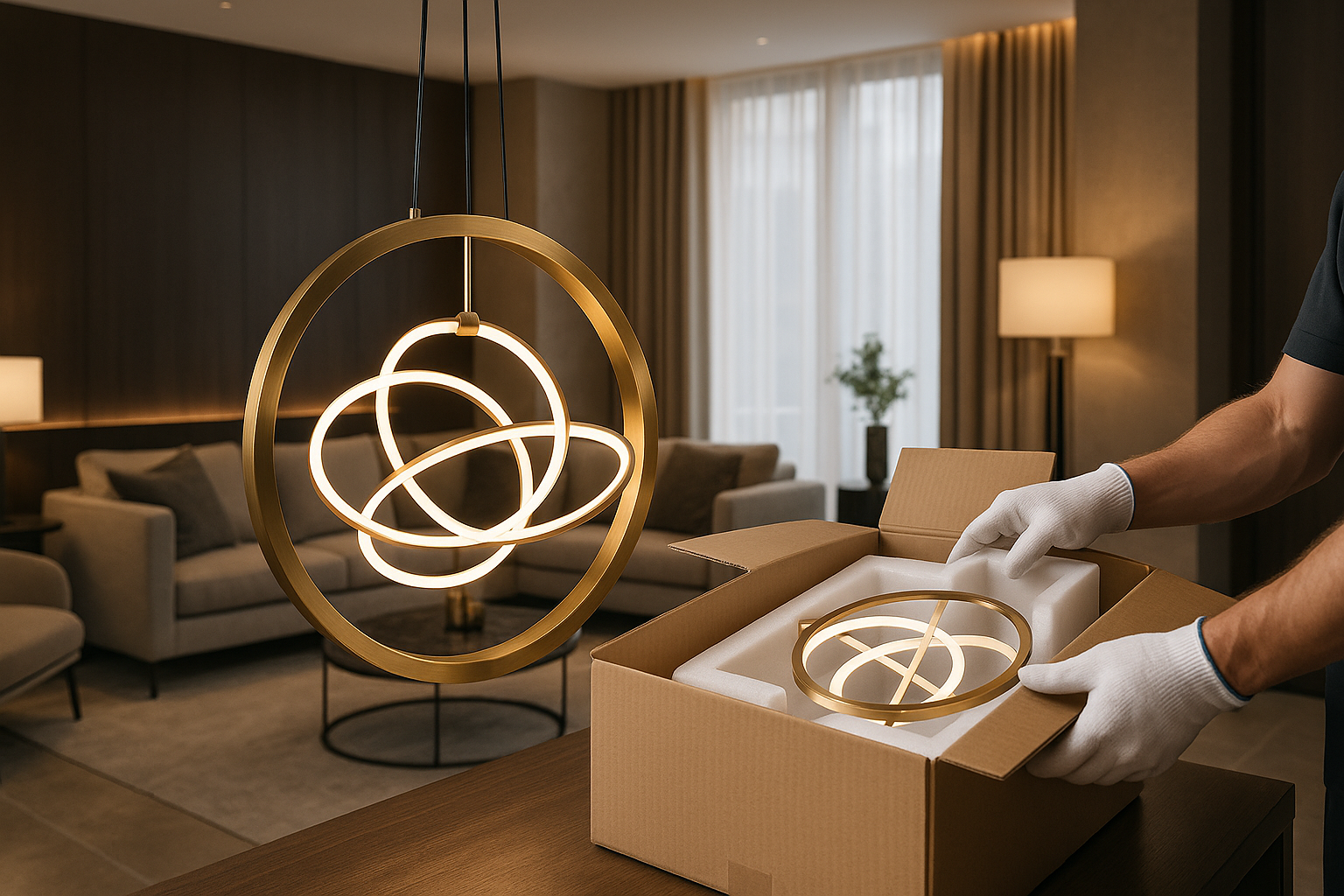 Designerska lampa wisząca w eleganckim wnętrzu i realizacja zamówienia producenta oświetlenia