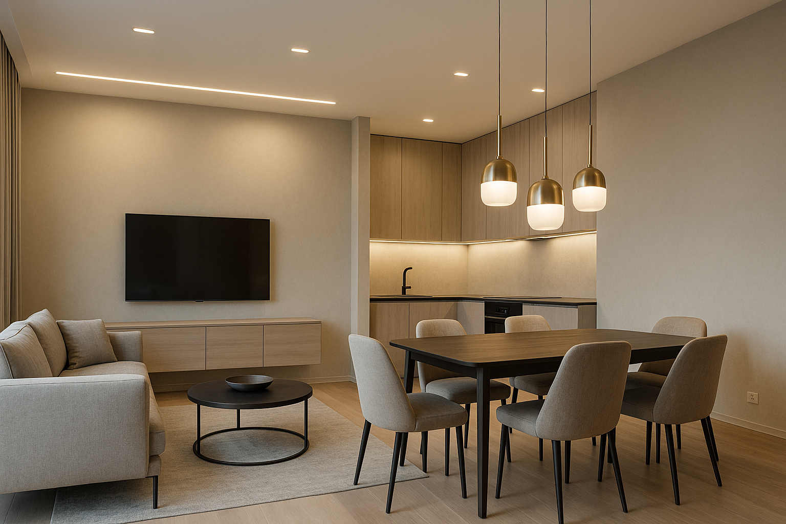 Oświetlenie w apartamencie inwestycyjnym z eleganckimi lampami wiszącymi i efektem premium