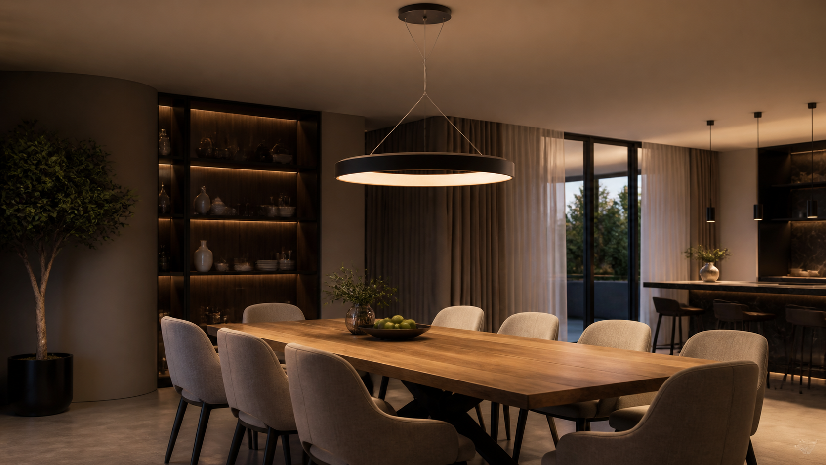 Designerska lampa wisząca nad stołem w nowoczesnej jadalni